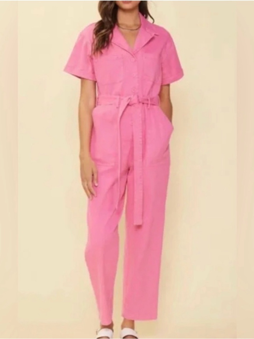 Skies Are Blue Pink Short-Sleeve Tie-Waist Jumpsuit